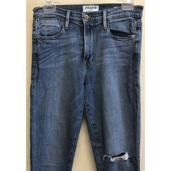 Frame Denim Size 28 Jeans Le High Stagger Hem Forest Blue Distressed - Picture 4 of 8
